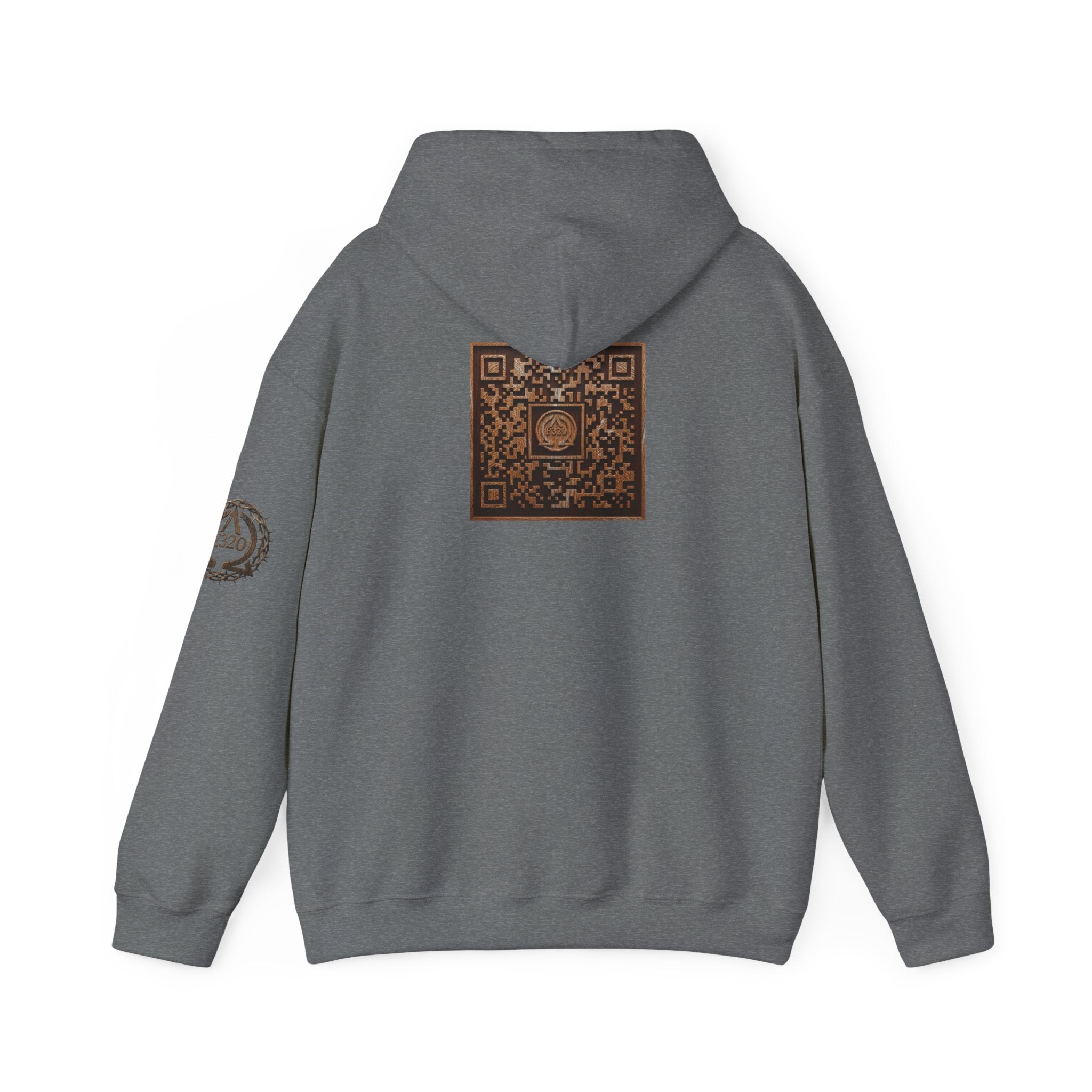 E320 Crest Hoodie — Vintage Wood-Look Alpha and Omega Crown Of Thorns QR Emblem Pullover