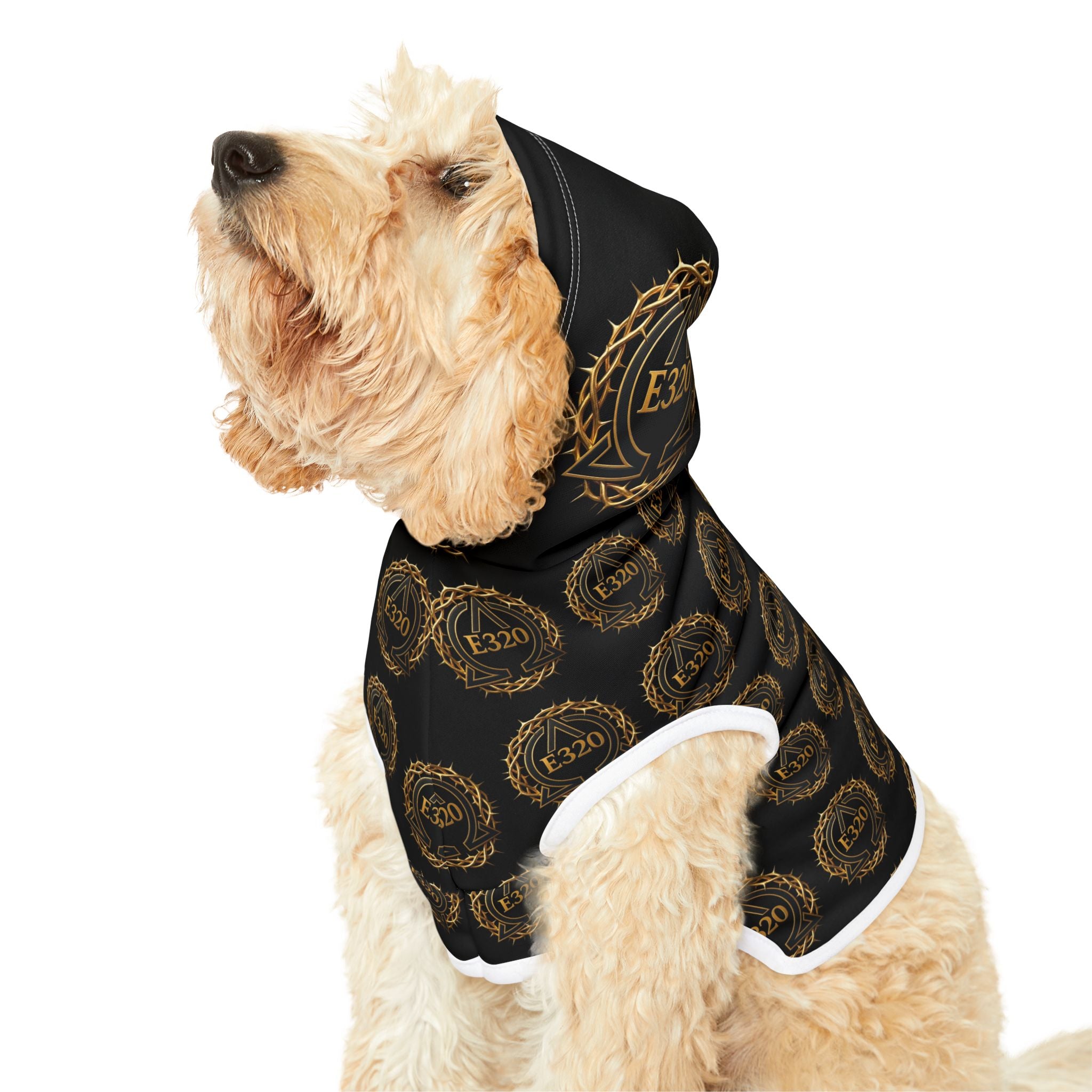 Pet Hoodie — Luxe Black & Gold Crest Pattern Hooded Dog Sweatshirt