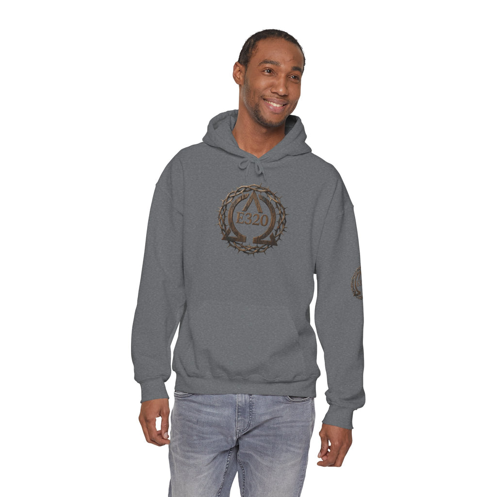 E320 Crest Hoodie — Vintage Wood-Look Alpha and Omega Crown Of Thorns QR Emblem Pullover