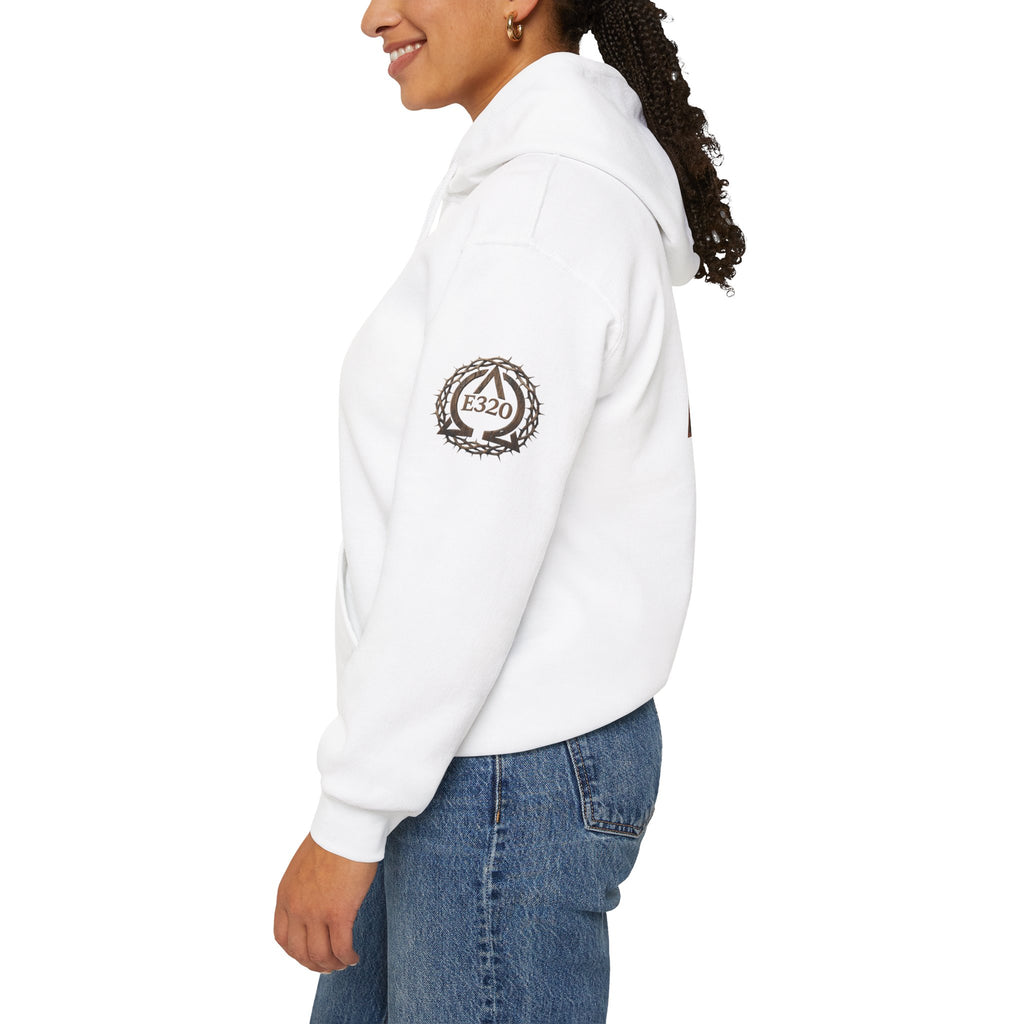 E320 Crest Hoodie — Vintage Wood-Look Alpha and Omega Crown Of Thorns QR Emblem Pullover
