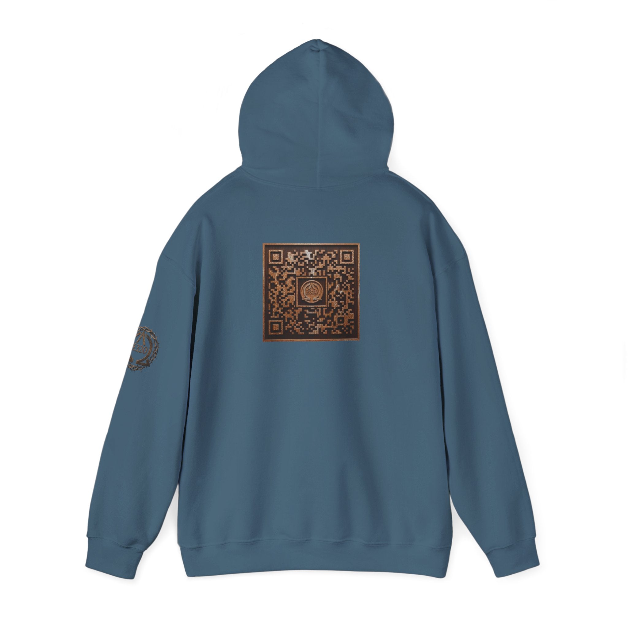 E320 Crest Hoodie — Vintage Wood-Look Alpha and Omega Crown Of Thorns QR Emblem Pullover