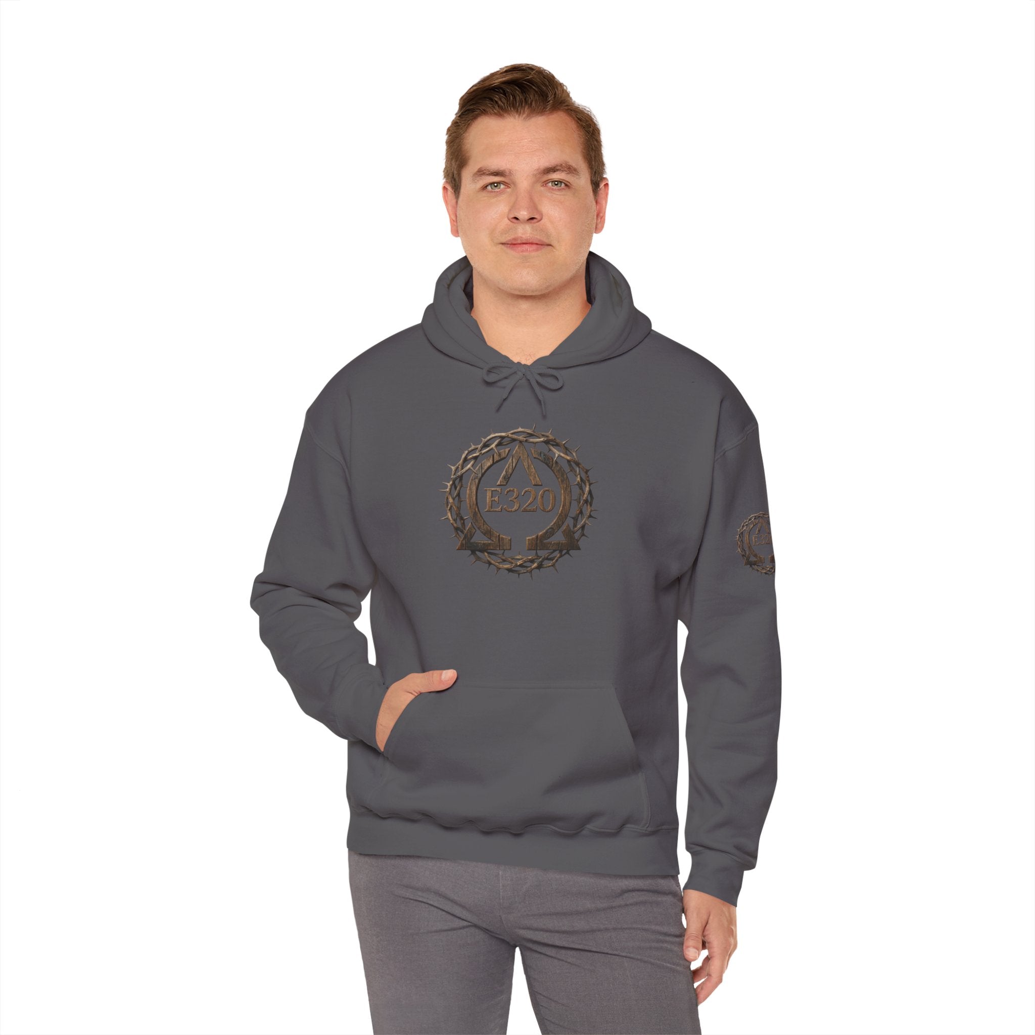 E320 Crest Hoodie — Vintage Wood-Look Alpha and Omega Crown Of Thorns QR Emblem Pullover