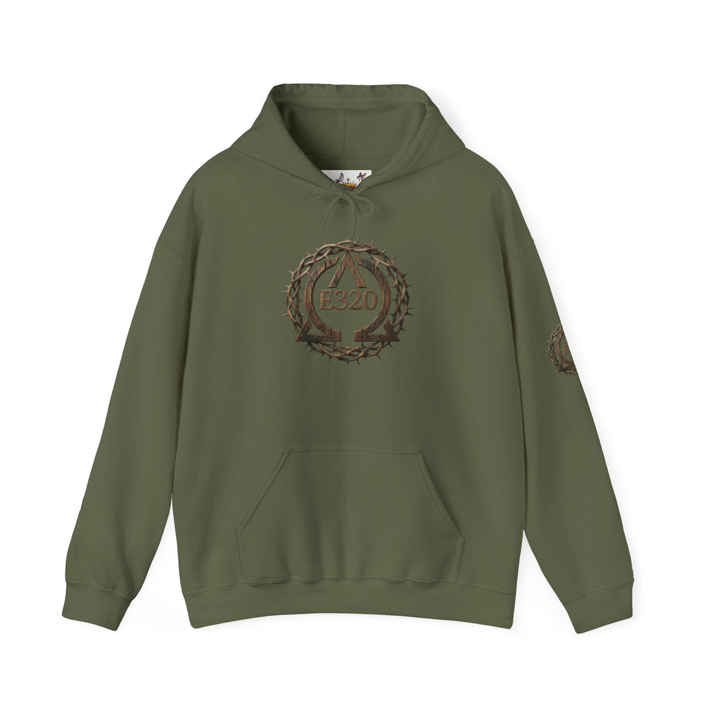 E320 Crest Hoodie — Vintage Wood-Look Alpha and Omega Crown Of Thorns QR Emblem Pullover