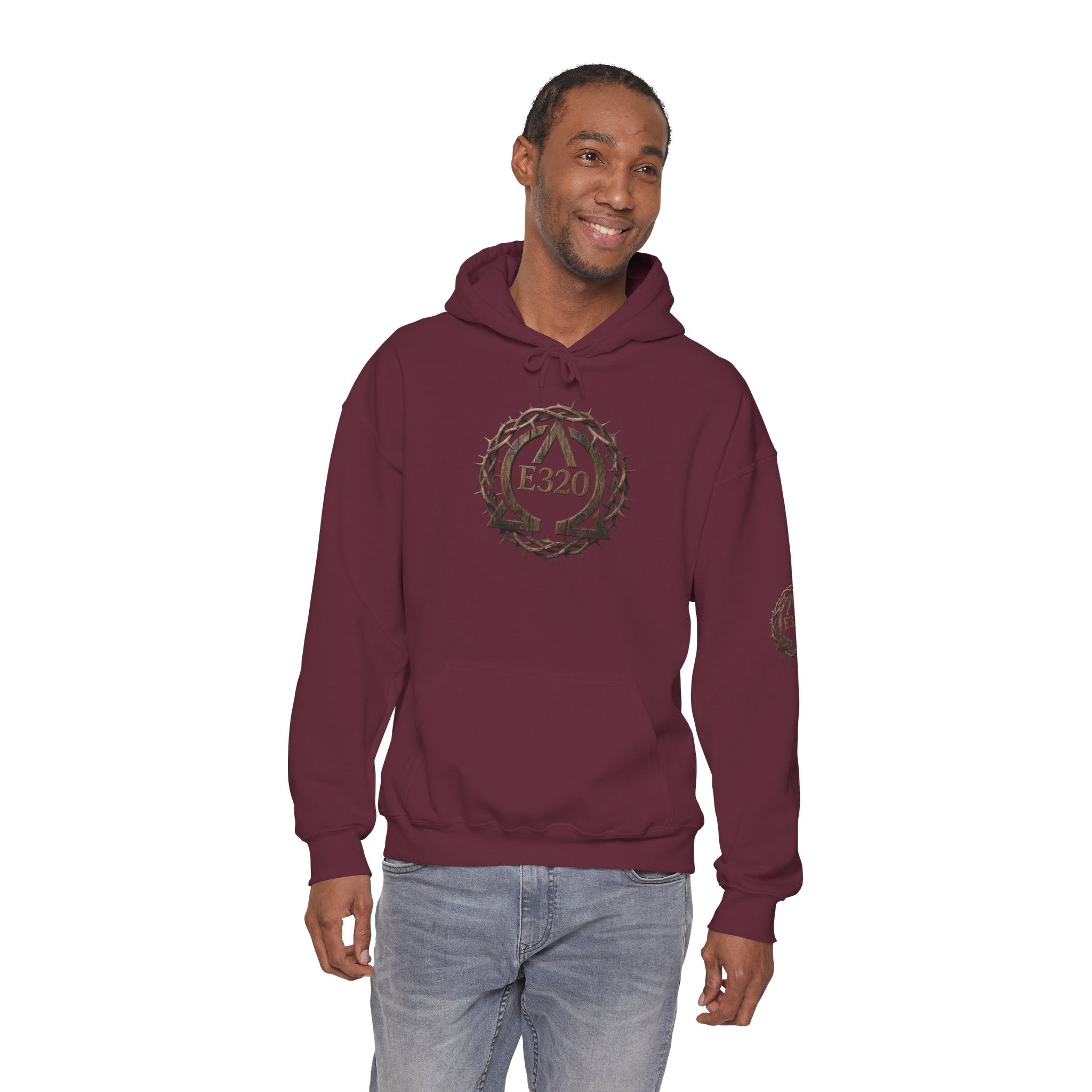E320 Crest Hoodie — Vintage Wood-Look Alpha and Omega Crown Of Thorns QR Emblem Pullover