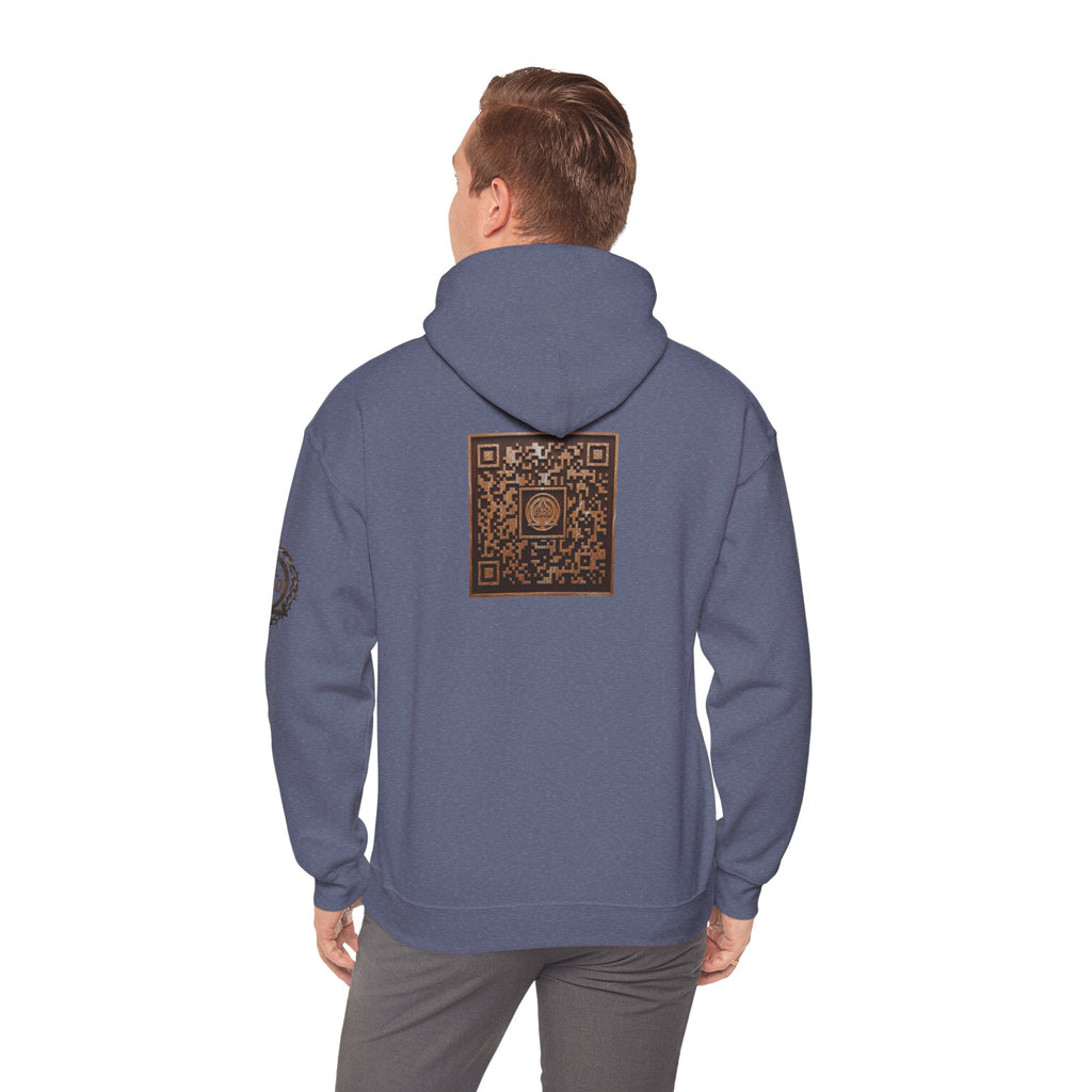 E320 Crest Hoodie — Vintage Wood-Look Alpha and Omega Crown Of Thorns QR Emblem Pullover