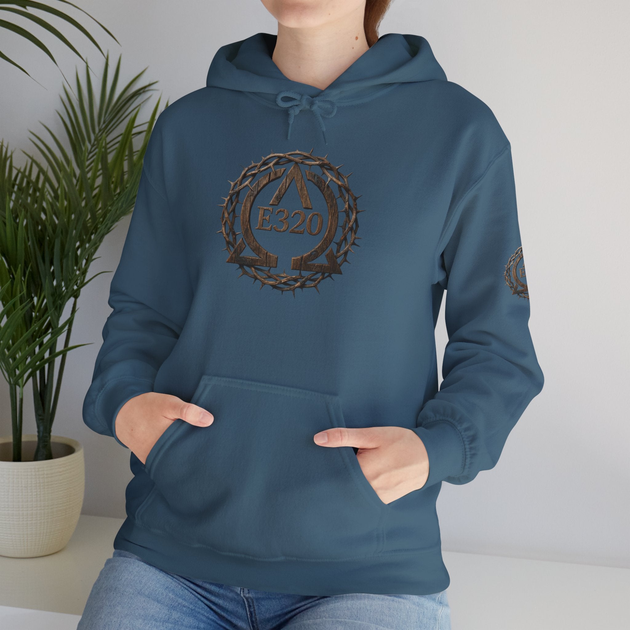 E320 Crest Hoodie — Vintage Wood-Look Alpha and Omega Crown Of Thorns QR Emblem Pullover