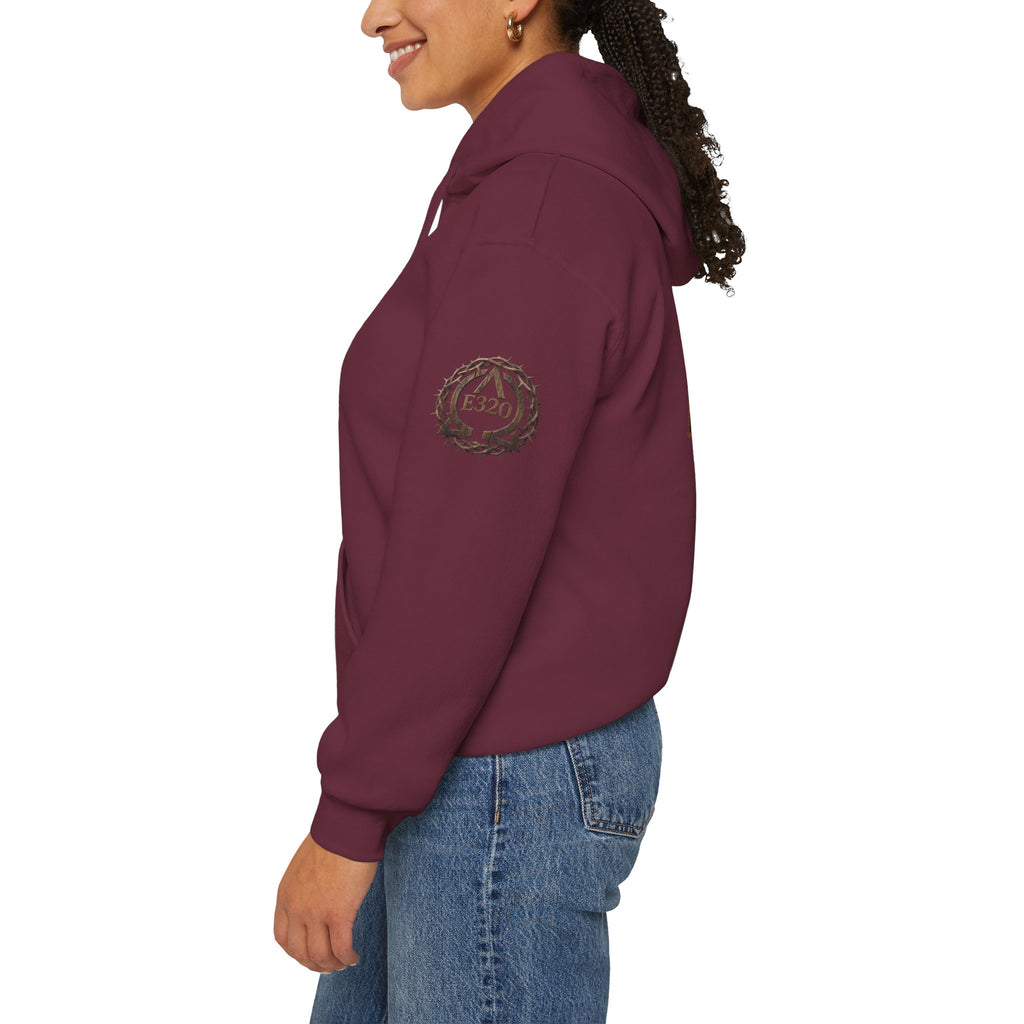 E320 Crest Hoodie — Vintage Wood-Look Alpha and Omega Crown Of Thorns QR Emblem Pullover
