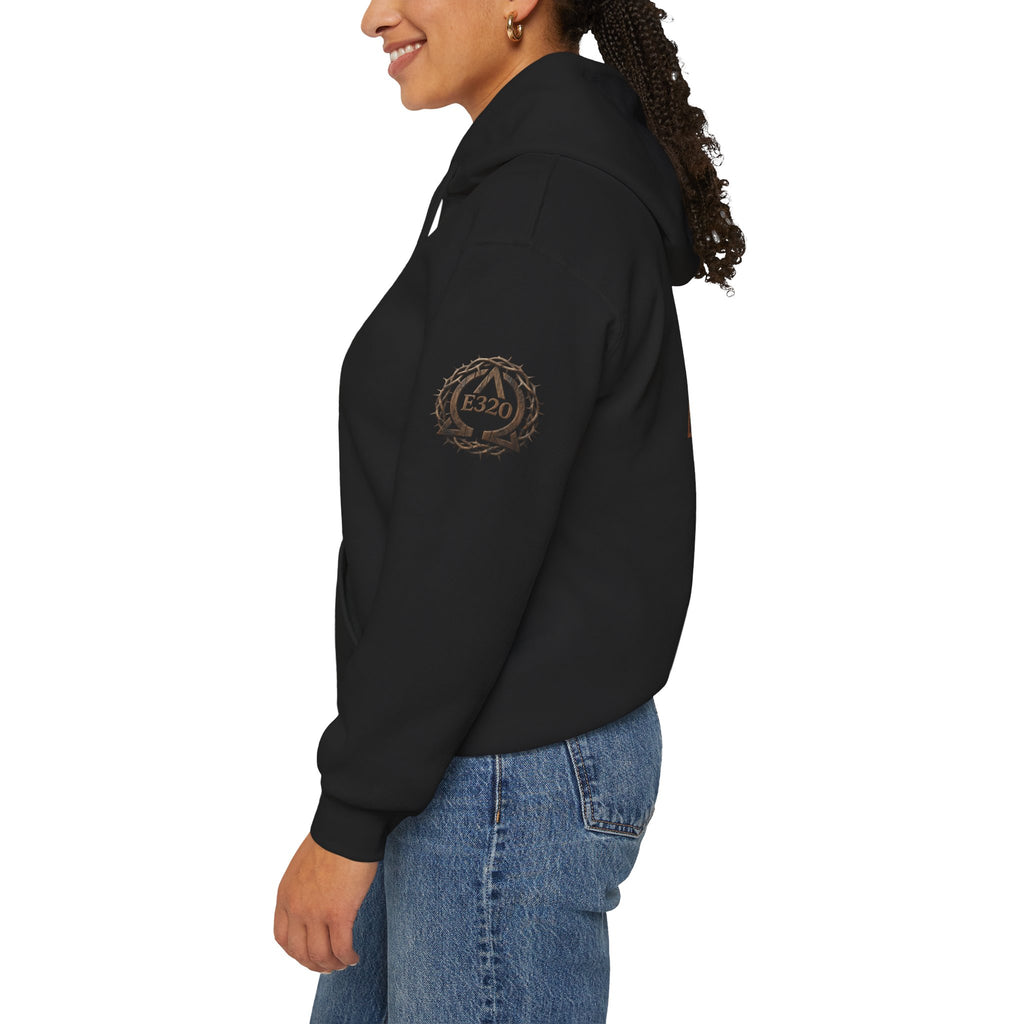 E320 Crest Hoodie — Vintage Wood-Look Alpha and Omega Crown Of Thorns QR Emblem Pullover