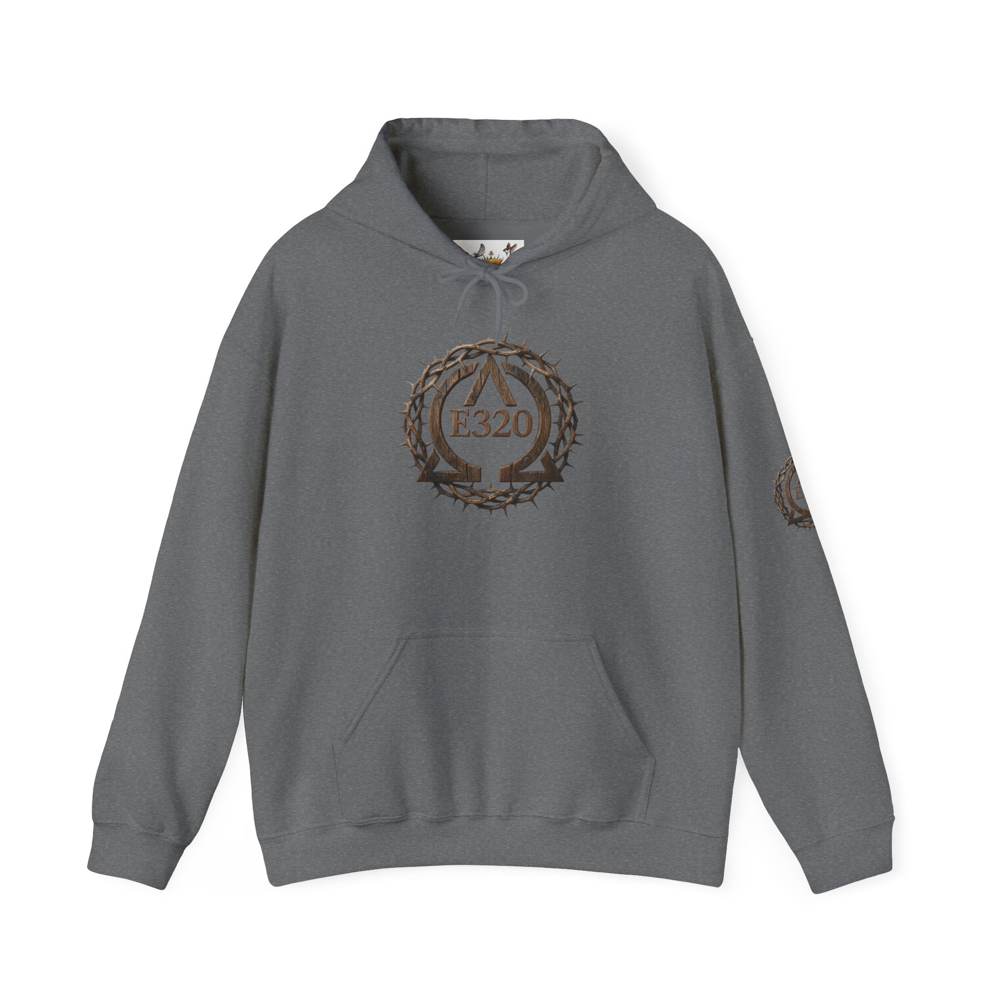 E320 Crest Hoodie — Vintage Wood-Look Alpha and Omega Crown Of Thorns QR Emblem Pullover