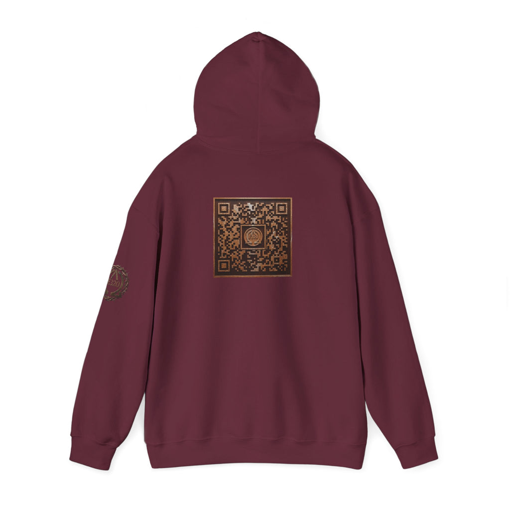 E320 Crest Hoodie — Vintage Wood-Look Alpha and Omega Crown Of Thorns QR Emblem Pullover