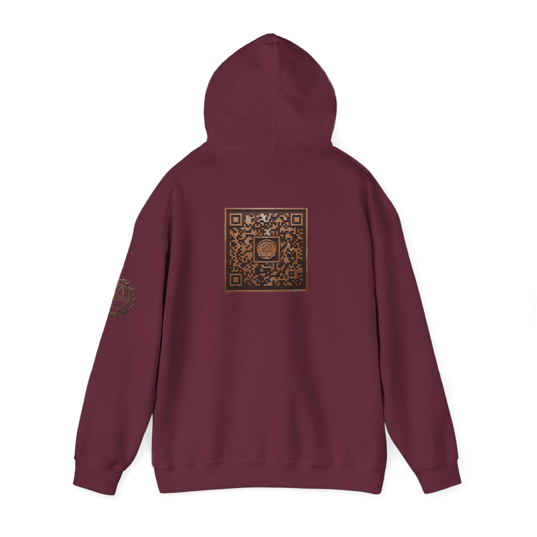 E320 Crest Hoodie — Vintage Wood-Look Alpha and Omega Crown Of Thorns QR Emblem Pullover