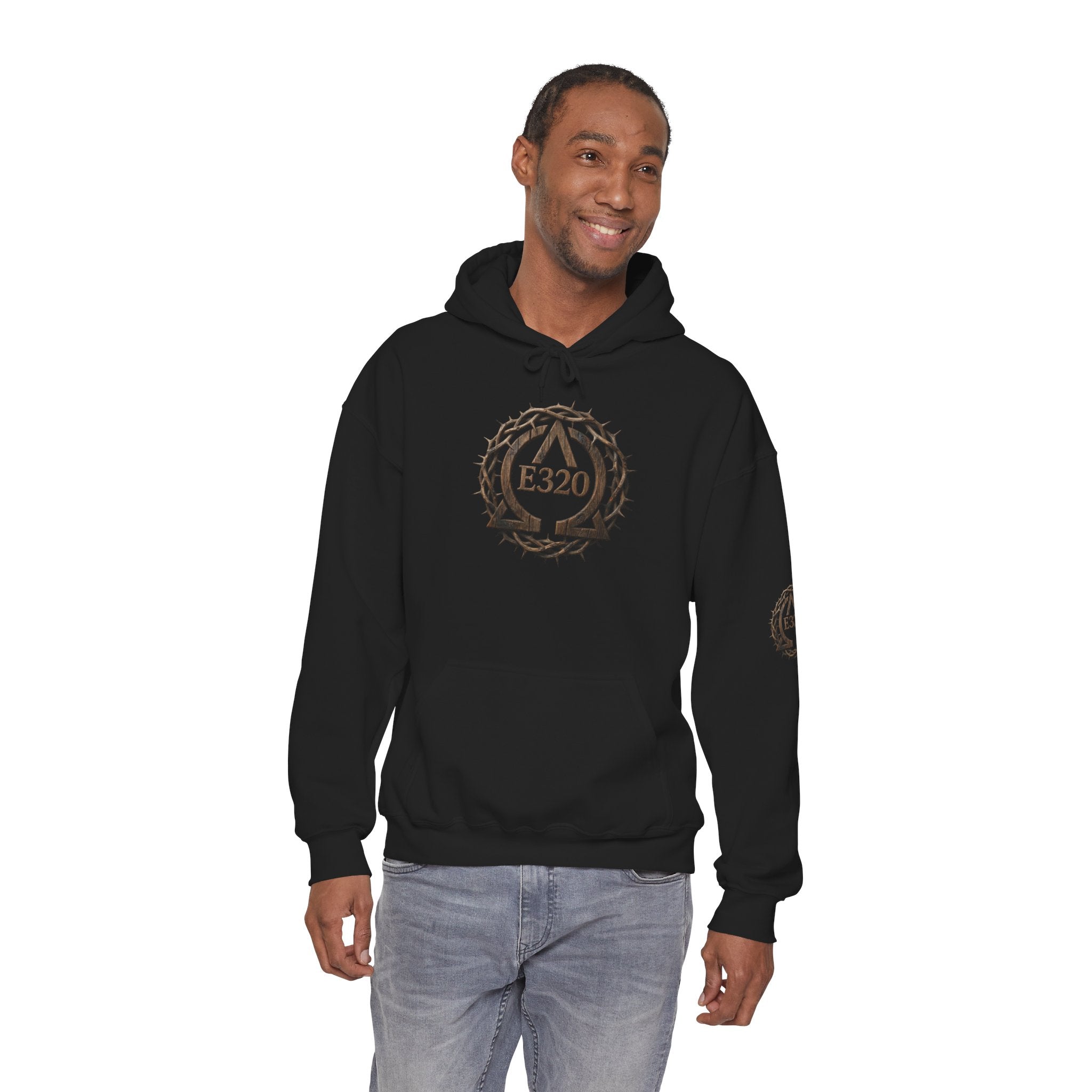E320 Crest Hoodie — Vintage Wood-Look Alpha and Omega Crown Of Thorns QR Emblem Pullover