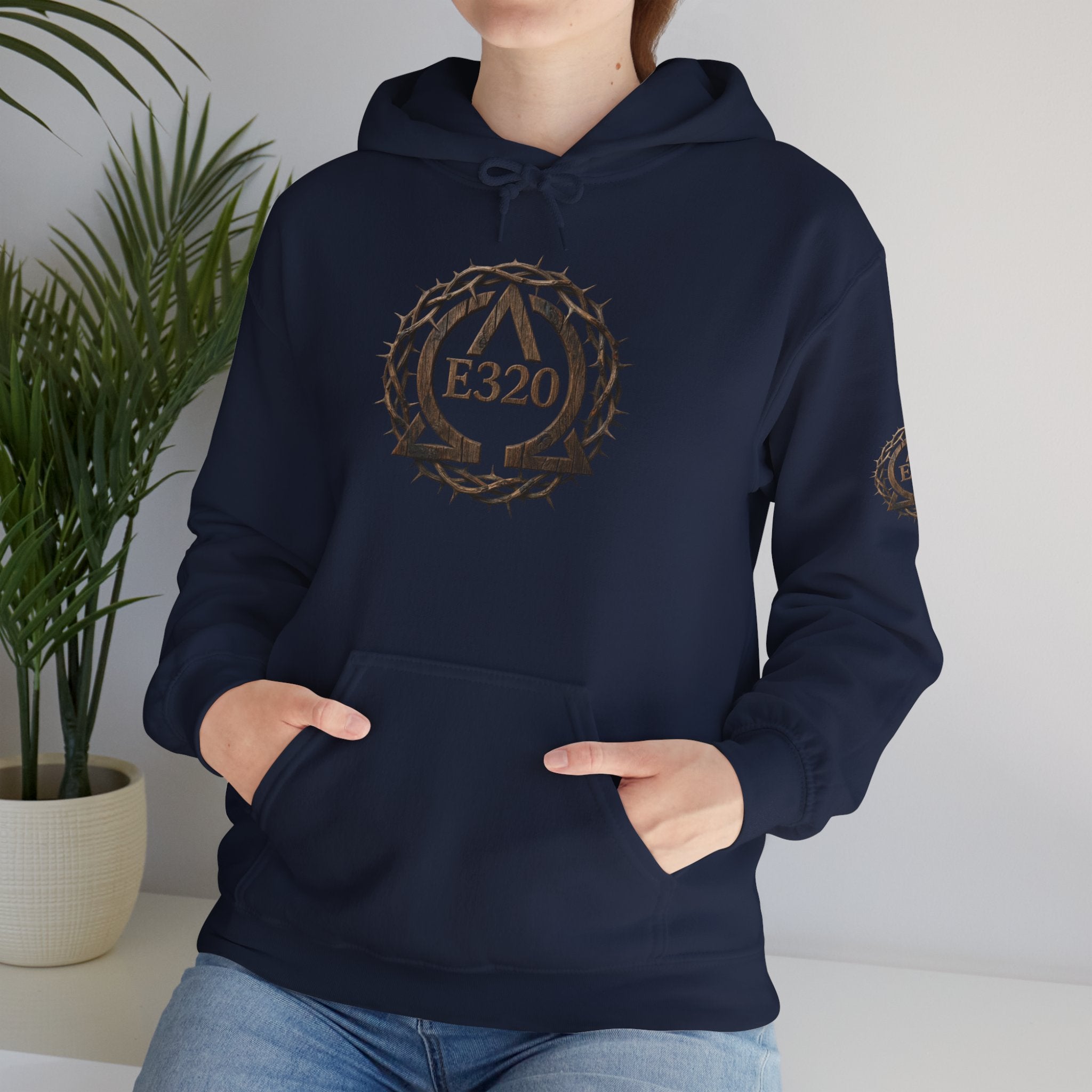 E320 Crest Hoodie — Vintage Wood-Look Alpha and Omega Crown Of Thorns QR Emblem Pullover