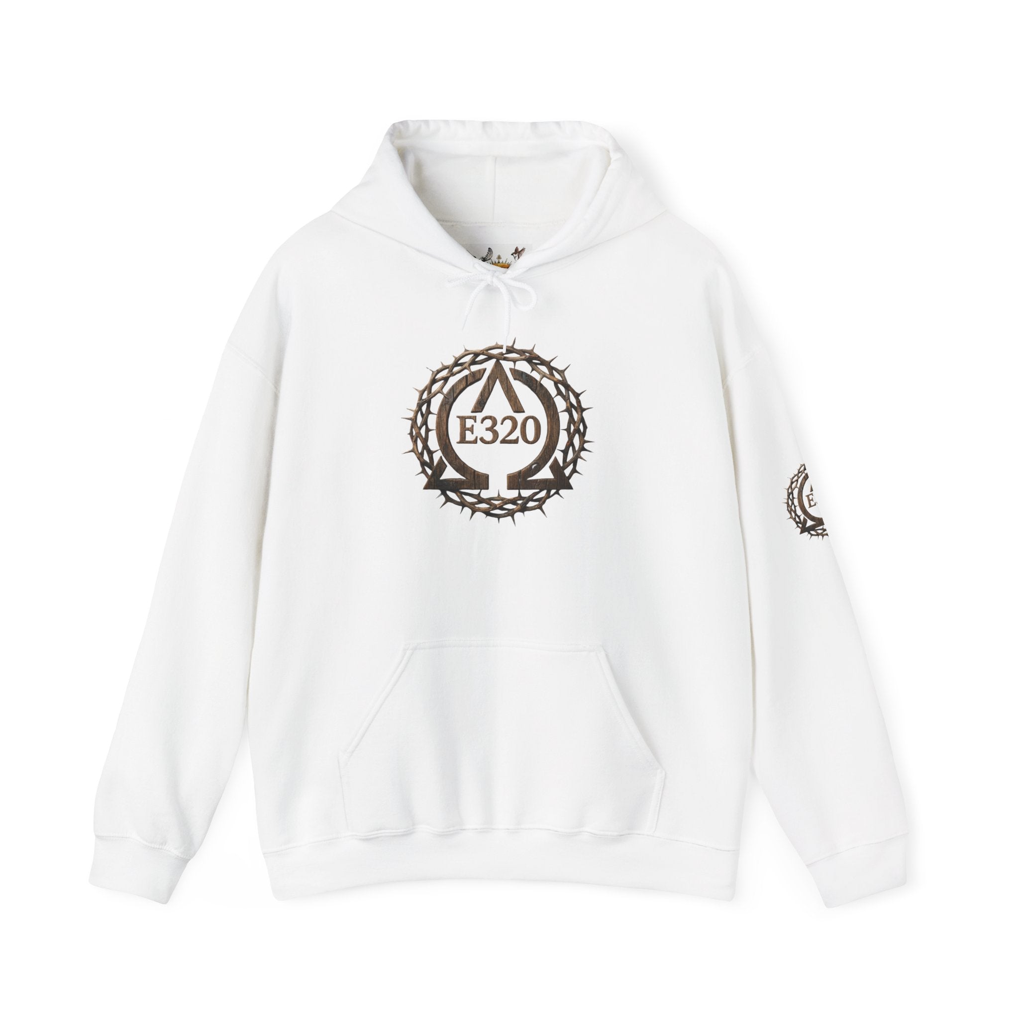 E320 Crest Hoodie — Vintage Wood-Look Alpha and Omega Crown Of Thorns QR Emblem Pullover