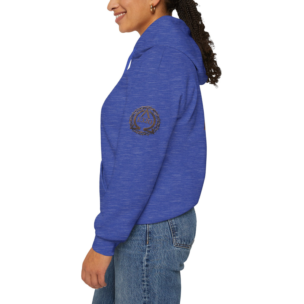E320 Crest Hoodie — Vintage Wood-Look Alpha and Omega Crown Of Thorns QR Emblem Pullover