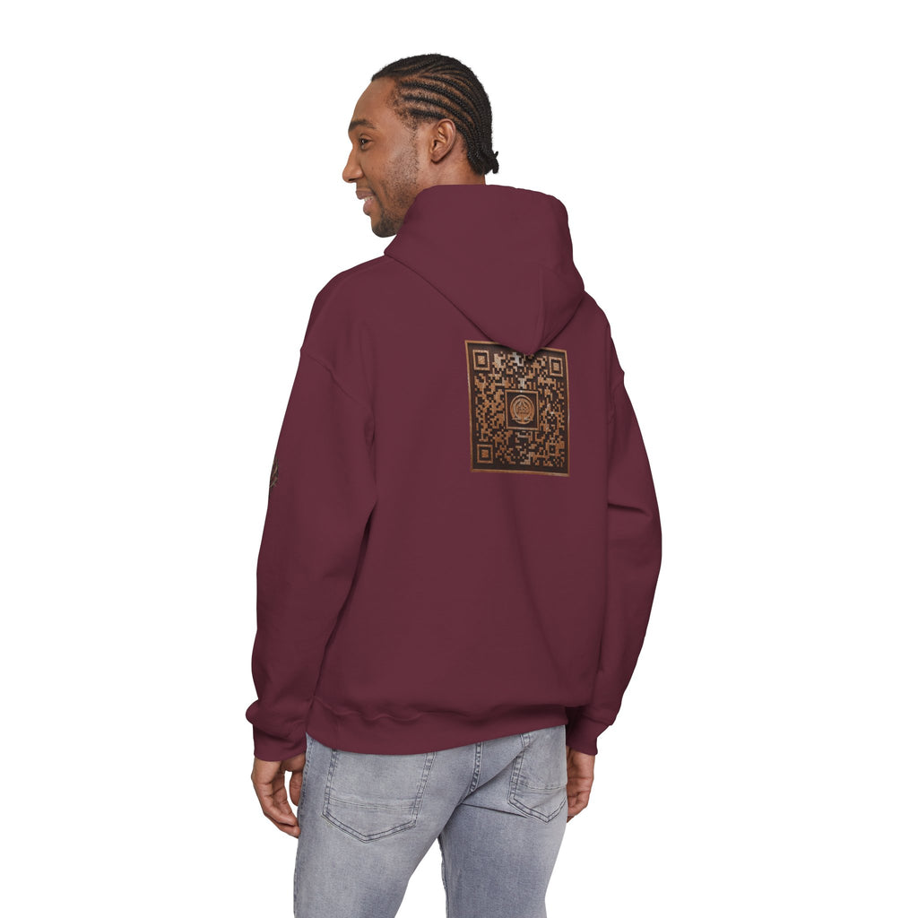 E320 Crest Hoodie — Vintage Wood-Look Alpha and Omega Crown Of Thorns QR Emblem Pullover