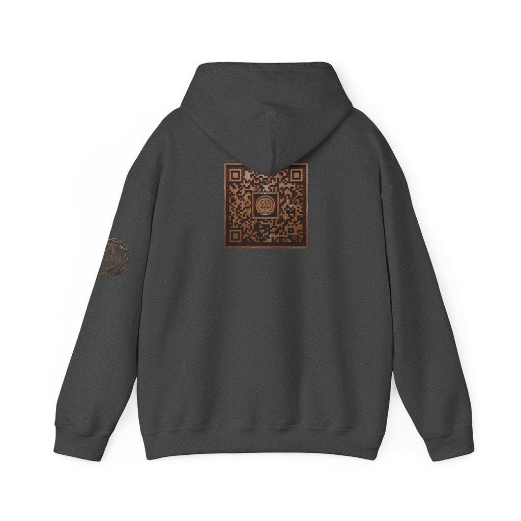 E320 Crest Hoodie — Vintage Wood-Look Alpha and Omega Crown Of Thorns QR Emblem Pullover