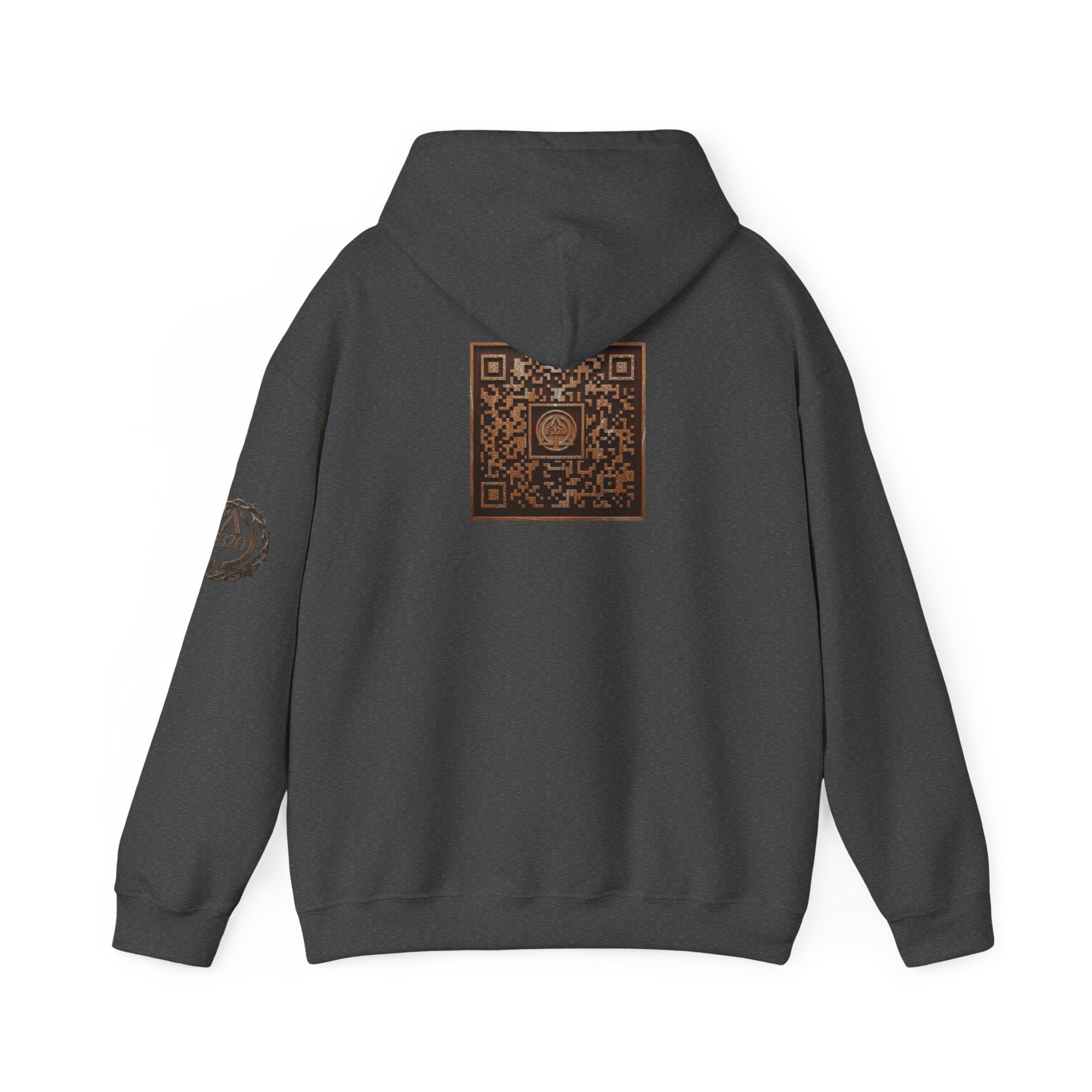 E320 Crest Hoodie — Vintage Wood-Look Alpha and Omega Crown Of Thorns QR Emblem Pullover