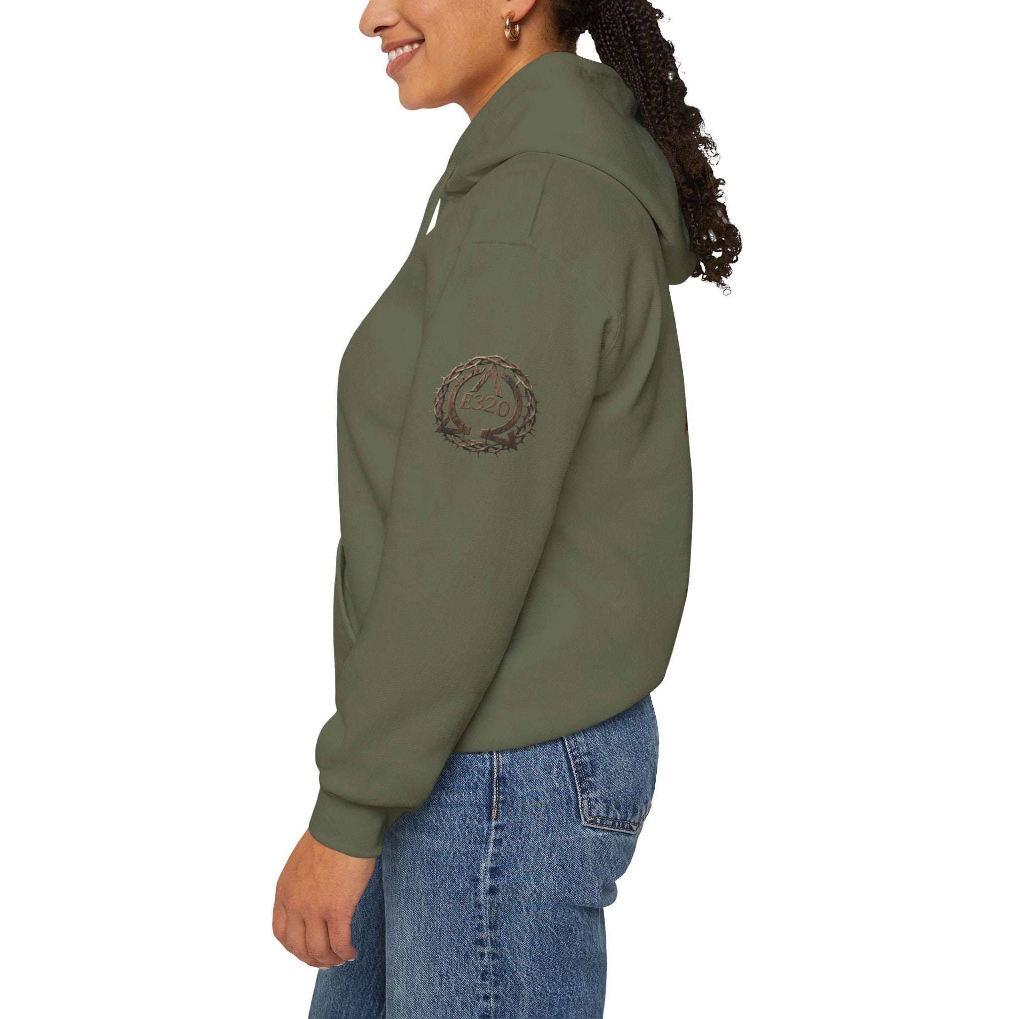 E320 Crest Hoodie — Vintage Wood-Look Alpha and Omega Crown Of Thorns QR Emblem Pullover